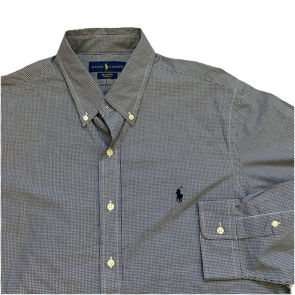Ralph Lauren Shirt Men Large 100% Cotton Black White Check Long Sleeve Button Up